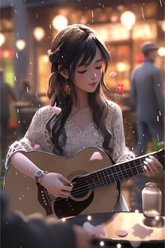 a girl playing an acoustic guitar in the rain