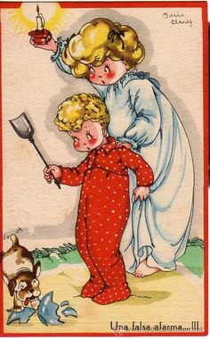 an old fashioned christmas card with two children