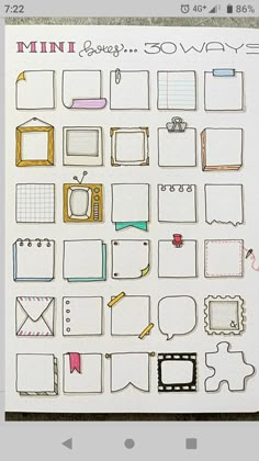 an open notebook with lots of different things on the page, including paper clips and stickers