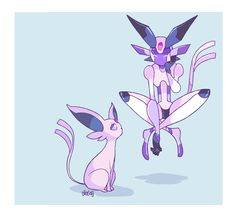 two pokemons sitting next to each other in front of a blue background and one is pink