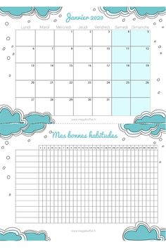 the printable calendar for november and december with clouds in blue, on a white background