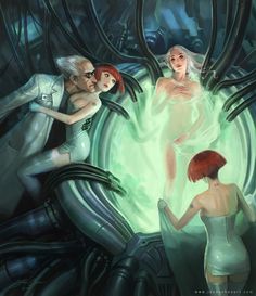 two women in white dresses are surrounded by aliens