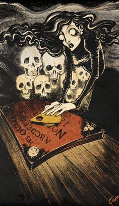 a drawing of a woman holding a book with skulls in the background and on top of it