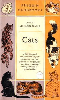 an old book with cats on the front and back cover in orange, pink, blue, black and white