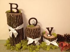 three wooden logs decorated with moss and white ribbon for the letters b, v, and o