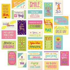 a collage of colorful greeting cards with different sayings and phrases on the front