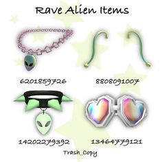 some alien items are shown on a white background with the words rave alien items below them