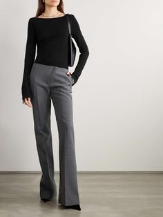 HELMUT LANG Mesh-trimmed jersey top | NET-A-PORTER Black Top Outfit Work, Long Skirts Work Outfits, Professional Work Clothes Women, Office Outfits Women Long Sleeve, Buissnes Attire, Parisian Business Casual, Structured Casual Style, Business Casual Outfits For Women Inverted Triangle, Cute Office Clothes