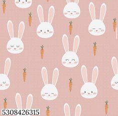 a pink background with white rabbits and carrots