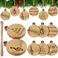 wooden ornaments with musical notes hanging from them