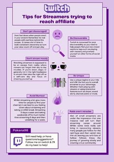 a purple poster with the words tips for streamers trying to reach attritate