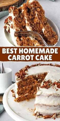 carrot cake with white frosting and pecans on the top is cut into pieces