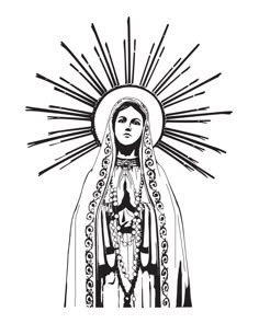 black and white drawing of the virgin mary with sunburst above her head, on a white background