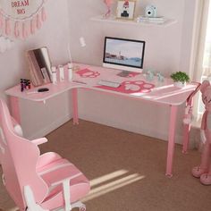 This L-shaped gaming desk features a charming pink hue playfully accented with paw prints for a whimsical look we love. It's made from engineered wood and sits on a stainless steel base also outfitted in a complementary pink. Ideal for multiple monitors, the expansive desktop also boasts space for your mousepad as well as a scratch-resistant design that can stand up to everyday use. Cable management cutouts make it easy to keep cords corralled, while the finished back means you can add it anywhe Pink Gaming Desk, L Shaped Corner Desk, L Shape Desk, Pink Desk, Desk Wood, Pink Room Decor, Desk Height, Under Desk, Gaming Room Setup