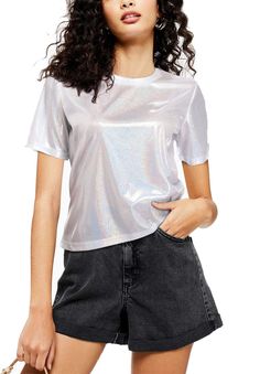 PRICES MAY VARY. 🌠 Party costume/ Disco Costume >>> Features: Shiny Holographic Fabric, Slightly Baggy, Round Neck, Loose Short Sleeves, Lightweight, The combination of all these striking designs will make you stylish and eye-catching. 🌠 Loose design, very comfortable to wear. This style of shirt is very dazzling, whether it is walking in the street under the sun, or sitting under the neon lights can reflect different charm. Always keep shiny on you. 🌠 All over shiny holographic fabr Holographic Shirt, Metallic Shirt, Glitter Blouse, Holographic Fabric, Disco Costume, Sparkle Party, Glitter Shirt, Metallic Blouses, Club Tops