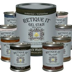 six cans of retout gel stain in various colors and sizes, all with labels on them