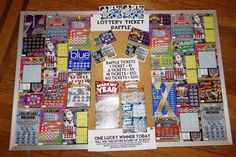 a bulletin board covered in lots of stickers and magnets on top of a wooden floor