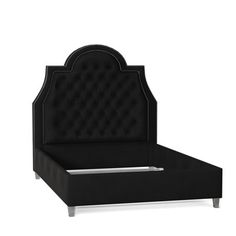 an upholstered black bed frame with wooden legs and headboard is shown in front of a white background