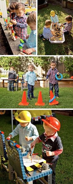 two boys playing with construction toys in the yard, and one boy is wearing a yellow hard hat