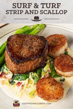 some food on a white plate with the words surf & turf strip and scallop