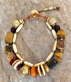 Bohemian Choker Necklace Chunky Tiger's Eye Stone, Copal, African Brass Beads Bohemian Choker Necklace, Bohemian Chic Jewelry, African Brass Beads, Artisan Jewelry Necklaces, Boho Chic Necklace, Talisman Jewelry, African Necklace, Carved Bone, Chic Necklace