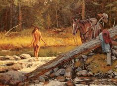 a painting of a naked woman standing next to a horse near a stream in the woods