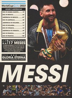 an ad for the soccer world cup with a photo of messi holding his trophy