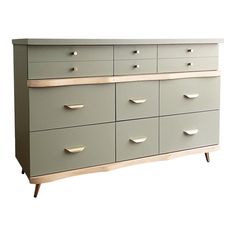 a large gray dresser with many drawers on it's sides and wooden handles, in front of a white background