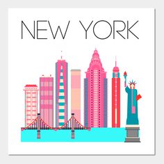 the new york skyline is shown in pink and blue