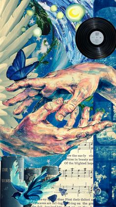 two hands holding each other over music notes and an image of a hand reaching for a butterfly