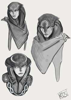 three different sketches of people wearing hoods and scarves, one with horns on his head