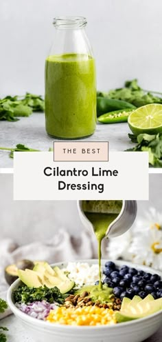 a green smoothie being poured into a bowl