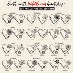 the birth month wildflowers heart shape with flowers and hearts in each letter, which are