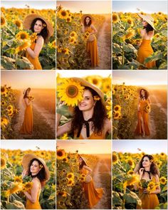 a woman in an orange dress and hat poses for a photo with sunflowers