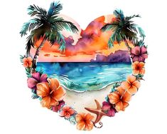 a heart shaped cutout with flowers and palm trees on the beach in the shape of a heart