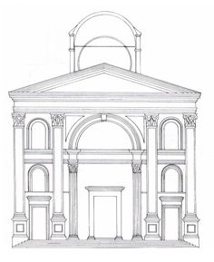 an architectural drawing of a building with columns and arches