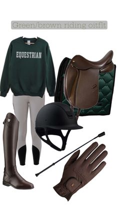 a horse outfit with riding boots, gloves and a saddle is shown in this image