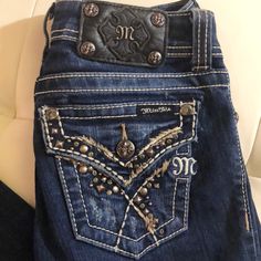 Miss Me 25 Pre-Loved Studded And Rhinestone Crystals Skinny Slim Fit Thick Thread Seam Thick Thread, Jeans Dark Wash, Miss Me Jeans, Dark Wash Denim, Blue Cream, Miss Me, Crystal Rhinestone, Women Jeans, Thread