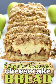 an apple crumble cheesecake bread is cut in half and ready to be eaten