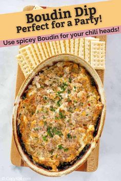 an advertisement for boudiin dip perfect for a party with waffles on the side