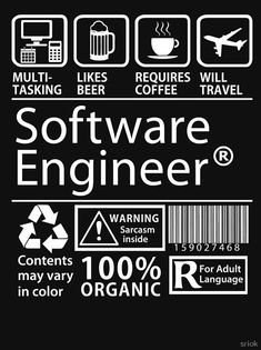 the label for software engineer's product is shown in white on a black background