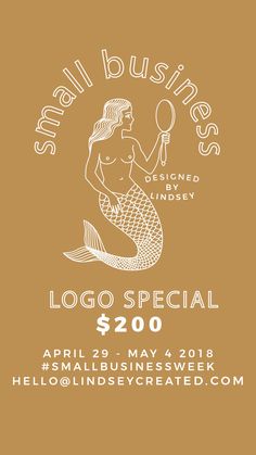 the logo for small business is shown on a brown background with an image of a mermaid holding