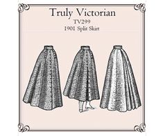 Truly Victorian TV299 - 1901 Split Skirt PRINT AT HOME sewing pattern on Letter or A4 paper.  Also includes AO format for professional printing.  Direct from trulyvictorian.com This pattern for a split skirt is taken from a tailoring guide of 1901. The Split Riding Skirt is ankle length, and the Bicycle Skirt is calf length. The center front has buttons to close the split. The center back has double box pleats to hide the split legs. There are two side front plackets with flaps for the closure. Victorian Split Skirt, Knitted Skirt Pattern, Victorian Skirt Pattern, Split Riding Skirt, Bicycle Skirt, Truly Victorian, Riding Skirt, Victorian Skirt, Skirt Print