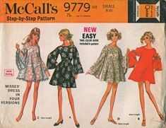 three women's dresses and one woman's dress are shown in this sewing pattern