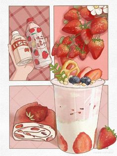 a painting of strawberries and other food items