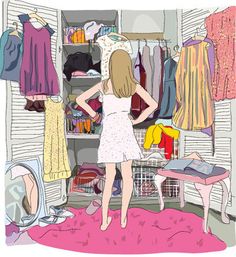 a woman standing in front of a closet filled with clothes