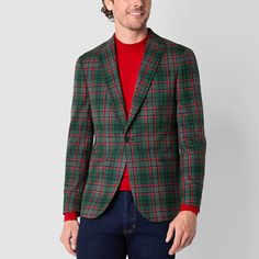 For festive, holiday occasions, slip on the timeless style of this plaid J. Ferrar men's slim-fit sport coat made from a woven jacquard with recycled fabric. It features a single-breasted design with a notch lapel, long sleeves, interior and exterior pockets, and a two-button closure.Front Style: Single BreastedClosure Type: ButtonFit: Slim FitPockets: 1 Inside Button Pocket, 1 Inside Slip Pocket, 1 Chest Slip Pocket, 2 Front Flap PocketsSleeve Length: Long SleeveApparel Length: 27 InchesFiber C Plaid Sport Coat For Business Casual In Winter, Winter Business Casual Plaid Sport Coat, Winter Plaid Sport Coat For Business Casual, Winter Fitted Plaid Sport Coat, Winter Plaid Fitted Sport Coat, Color Themed Outfits, Christmas Color, Red Tartan, Sport Coats