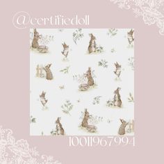 a white and pink wallpaper with rabbits on it, in the background is an ornate frame