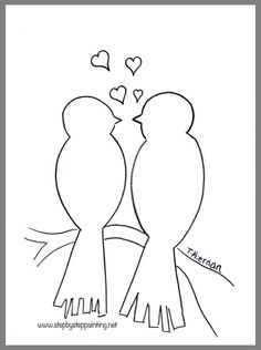 two birds kissing each other with hearts flying above them