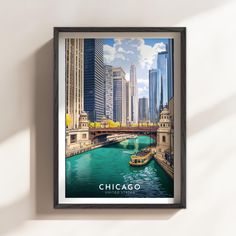 a framed chicago poster hanging on the wall